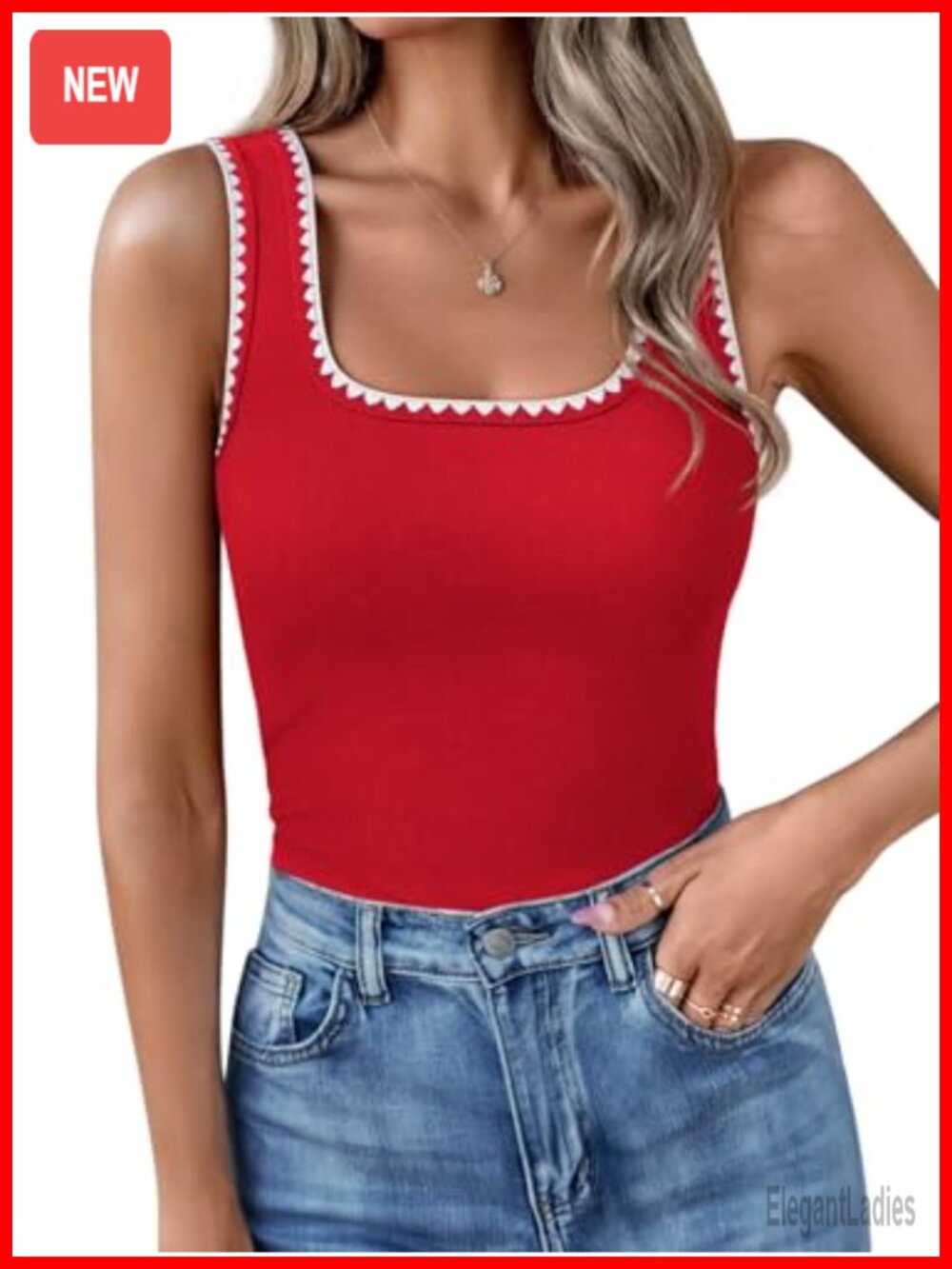 Ribbed Cotton Blend Square Neck Fitted Sleeveless Tank Top Casual Summer